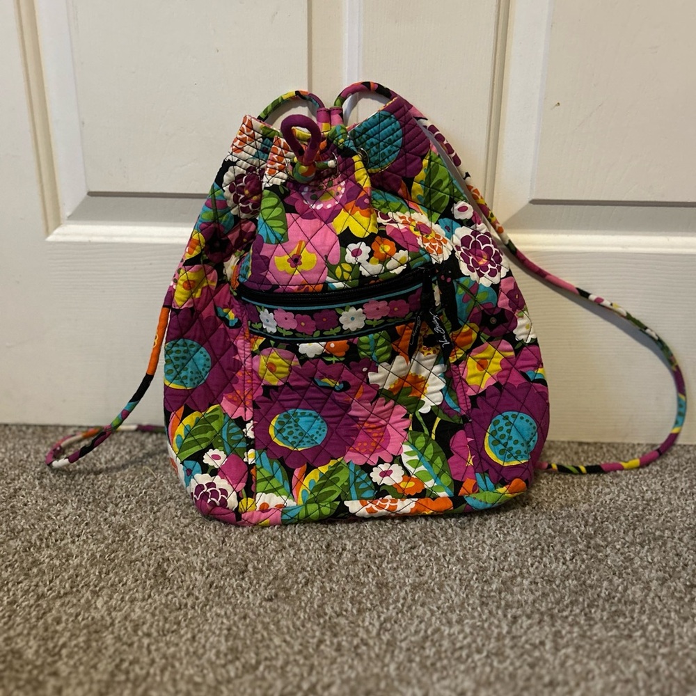 Vera Bradley Pink and Green Floral Backpack with Drawstring Closure